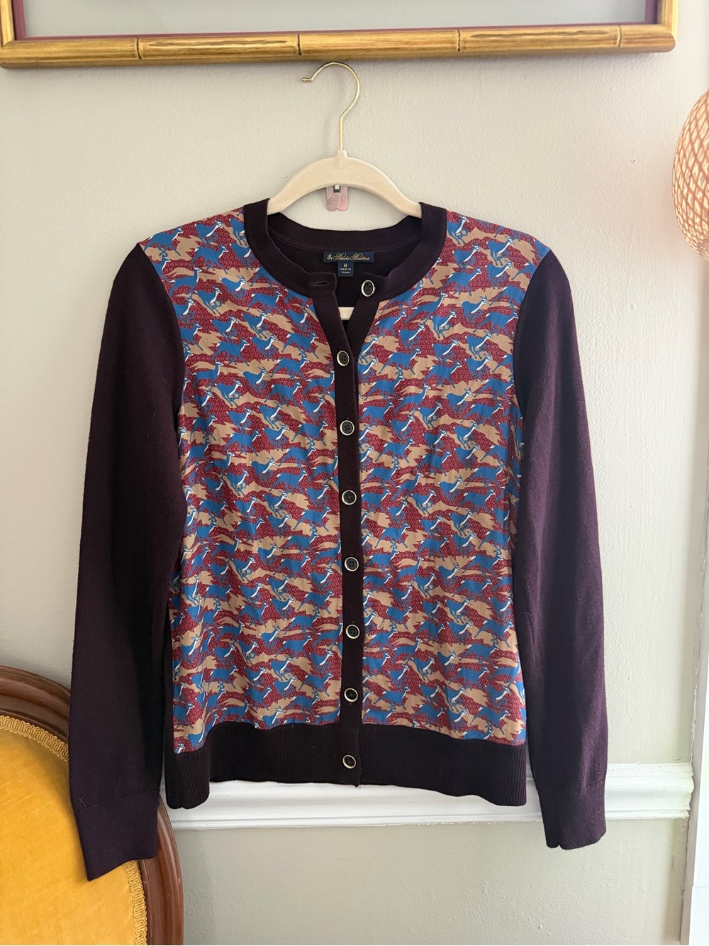 Brooks Brothers Silks Cashmere Cardigan Sweater Burgundy Equestrian Print preppy